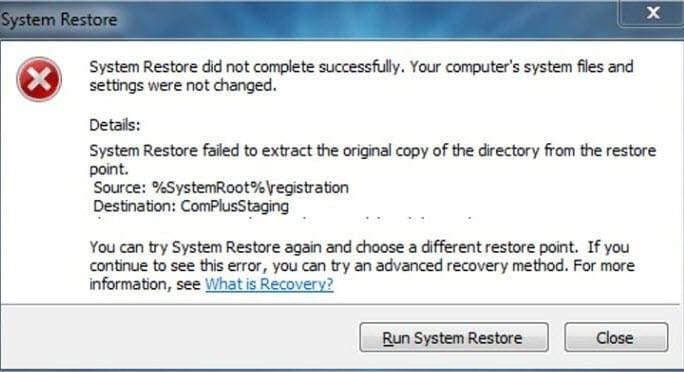 System restore failed error problem in Windows
