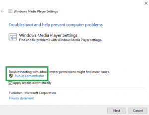 Windows Media Player Settings Troubleshooter