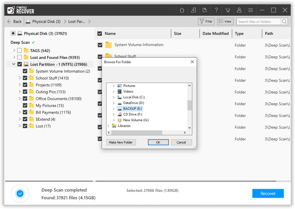 select a folder to save the recovered files