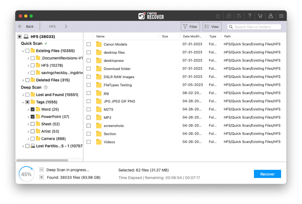 List of all files that were recovered from the Mac 
