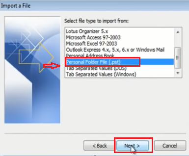 click-on-personal-folder-files-pst-to-import-pst-file-into-outlook-2007