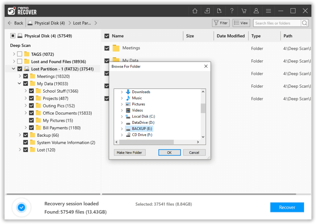 select the location to save recovered files 