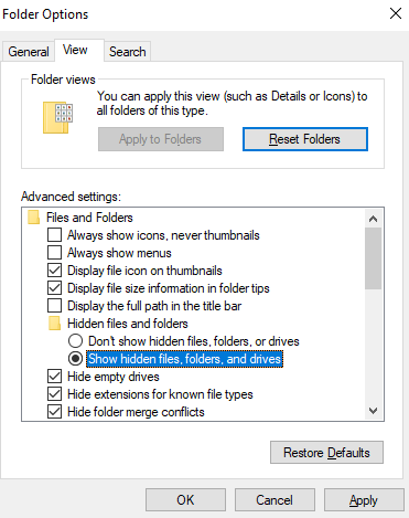 Show hidden items in folder options in PC