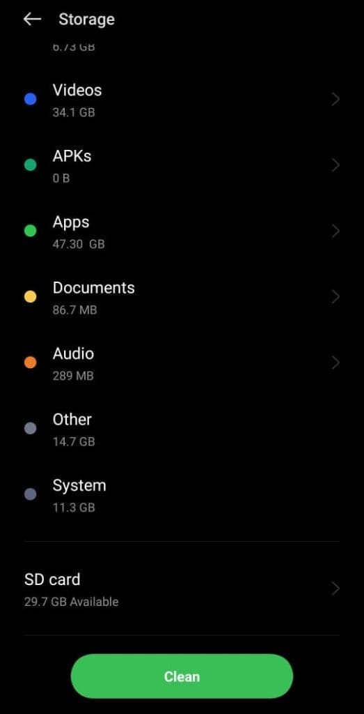 storage menu on phone