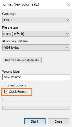 click on the quick format option to format the usb no media drive
