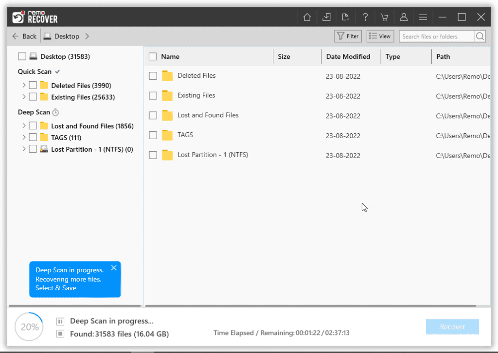 select the folders that you want to restore and click on the recover button to start the recovered folder restoration process.