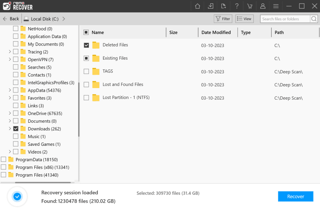 select the recovered downloads folder from the list and click on the recover button 