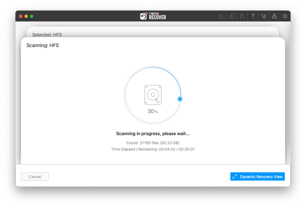 remo starts scanning the selected location to recover the deleted mac folders