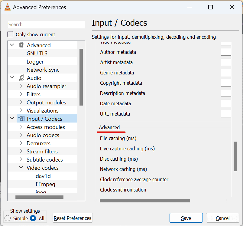 Move to Advanced settings in Input/codec section